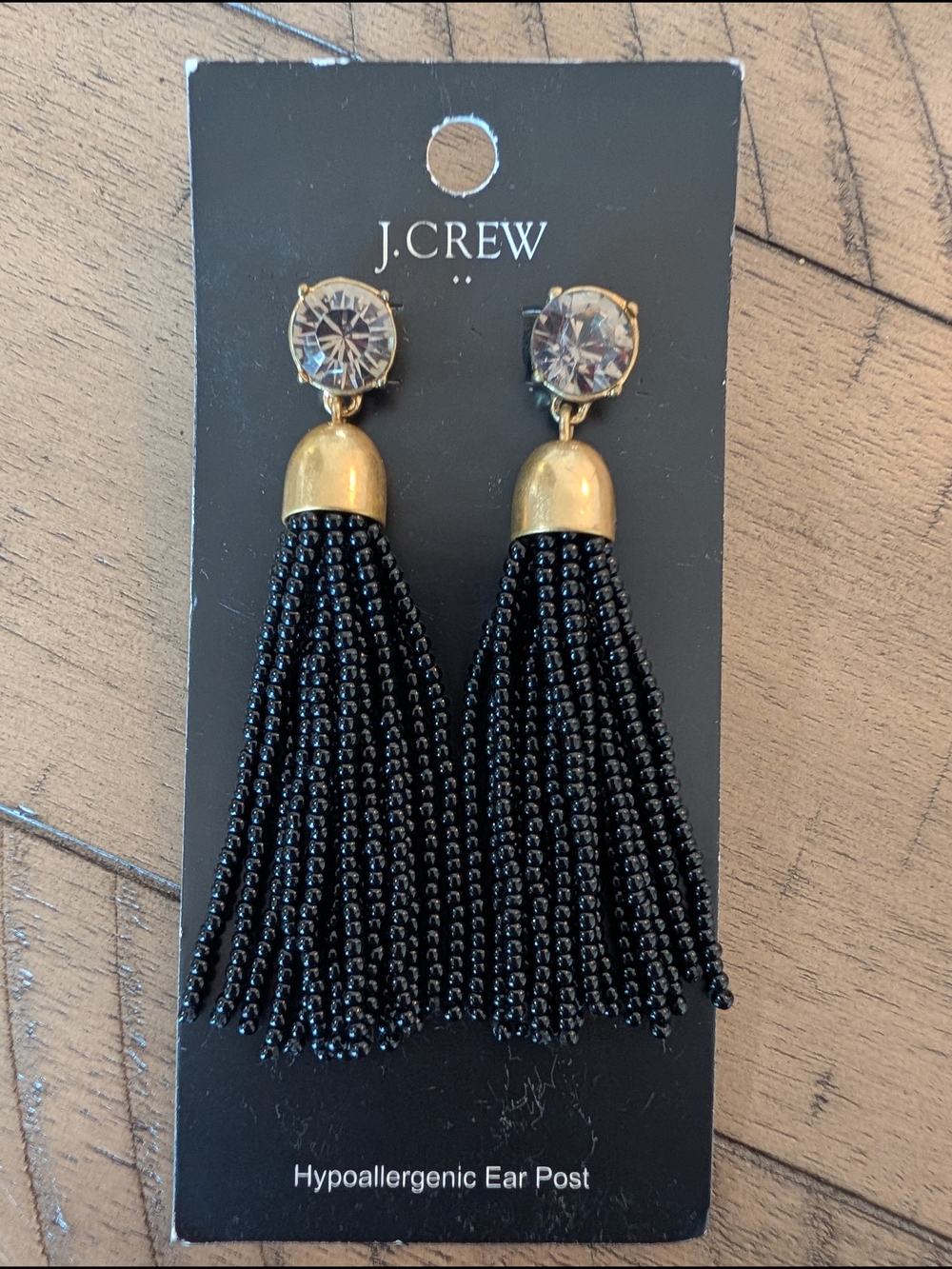 J.Crew Black Beaded Tassel Drop Earrings with Gold Caps